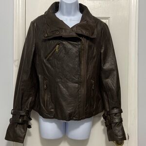 Funnel Neck Chocolate Brown Vintage Leather Jacket